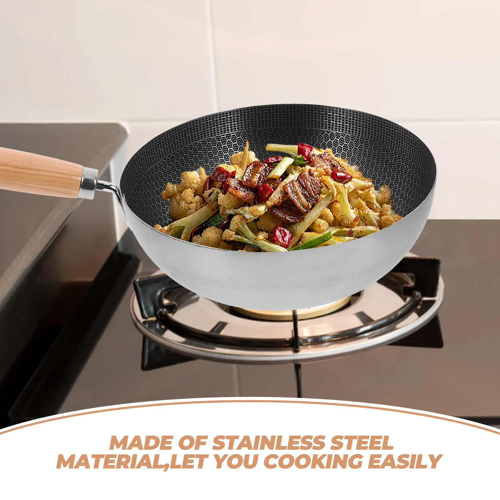 

1pc Honeycomb Wok Stainless Steel Handle Non Stick Frying Pan For Gas Induction Electric Stove Kitchen Cookware Bbq Stir Fry