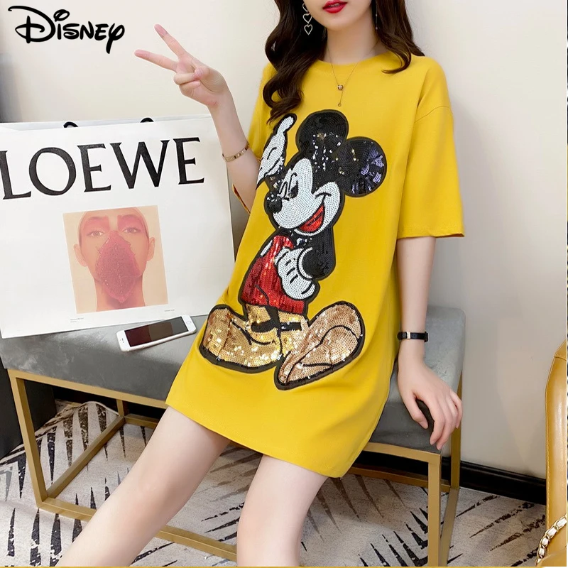 Brand Clothing New Arrival Top Fashion Pullovers Casual Cotton Cartoon Mickey cartoon  Beading Print Sequin Tshirt Dresses