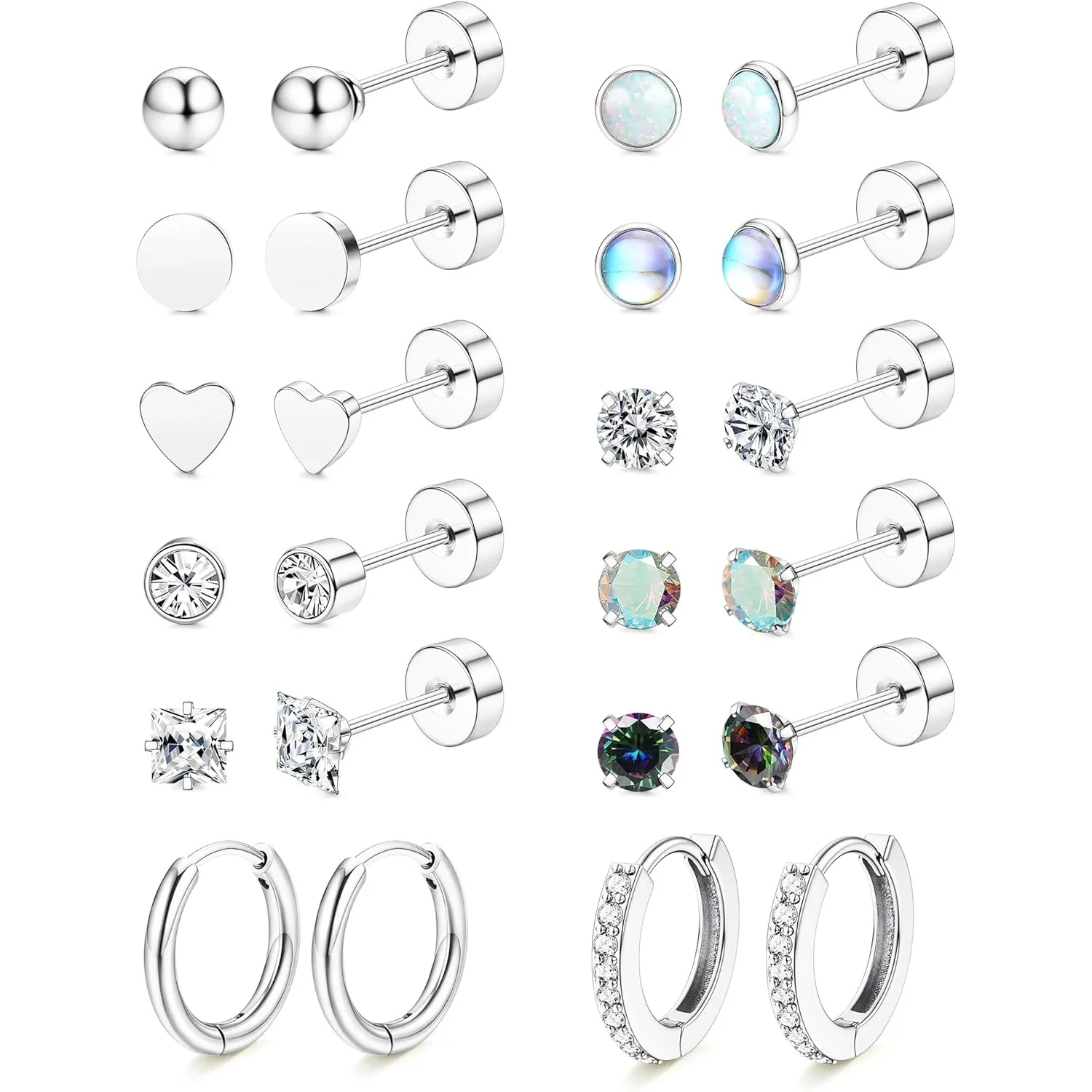 

Bobisty 12 Pairs Hypoallergenic Flat Back Stud Earrings for Women Men Surgical Steel Earrings Hoop Cartilage Piercing Jewelry