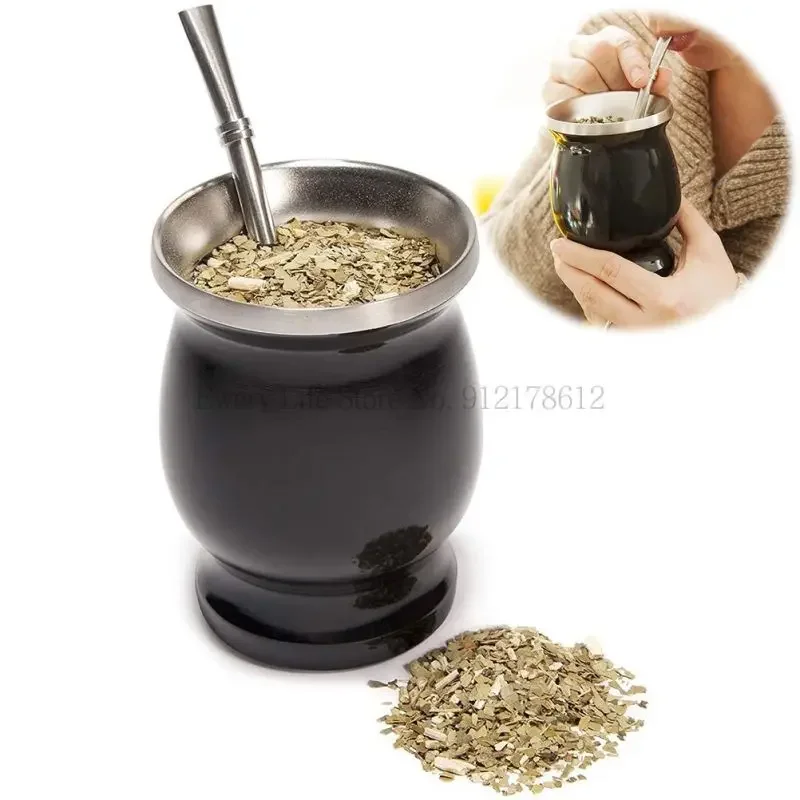 Yerba Mate Natural Gourd Stainless Steel Double Wall 8oz Portable Tea Mug Yerba Mate Gourd with Bombillas Cleaning Brush