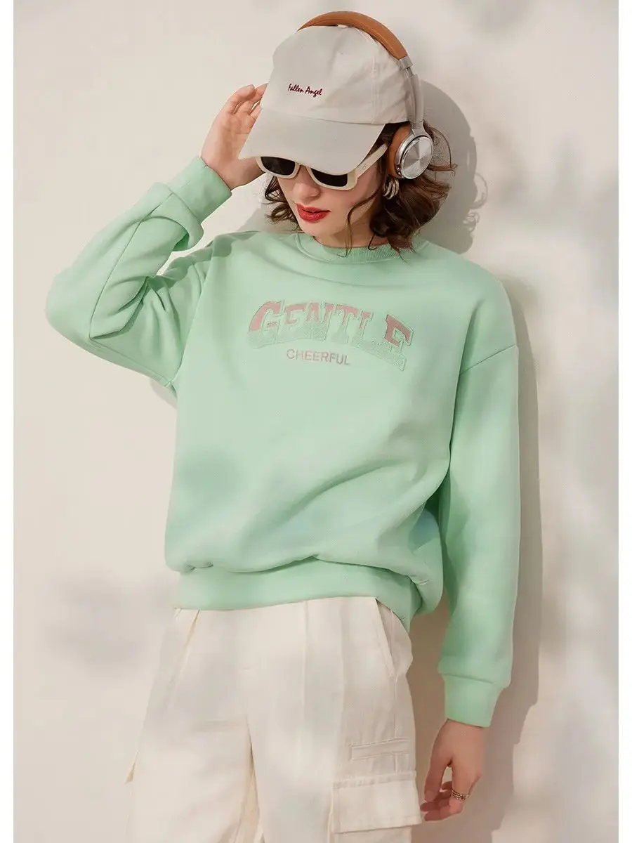 LOUIS YAO Women Pullover 2024 Spring New Sweatshirt Round Neck Long Sleeve Embroider Letter Loose Casual Fashionable Tops