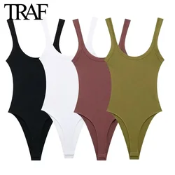 TRAF Women Fashion Summer New White Solid Color Ribbed Sling Round Neck Sexy Tights Jumpsuit Chic Female Bustier Tops Mujer