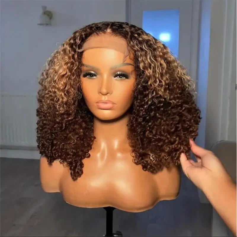 Glueless Baby Hair Lace Front Wig para mulheres, curto, natural, Ombre, loira, marrom, perverso, encaracolado, pré-arrancado, diariamente, 16 ", 180 Densidade