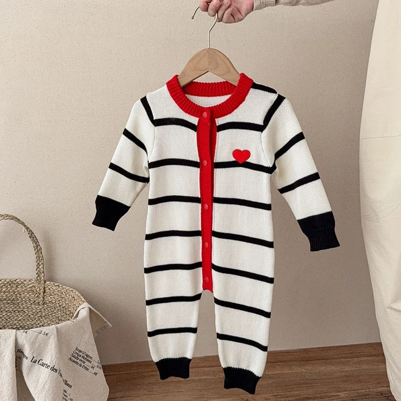 

Осеннее вязаное боди для маленьких мальчиков и девочек, новый детский комбинезон в полоску, трикотажная одежда для новорожденных, одежда с рюшами для детей 0-24 м