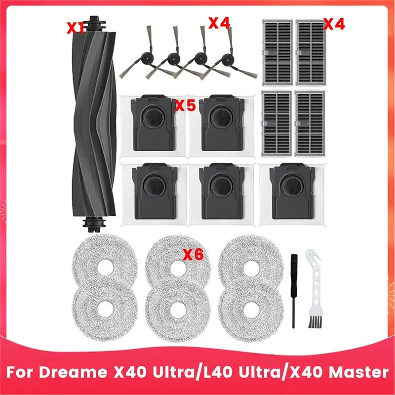 

A67P - Запасные части для робота-пылесоса Dreame X40 Ultra/L40 Ultra/X40 Master: основная и боковые щетки, HEPA-фильтр, салфетка для влажной уборки, мешки для сбора пыли