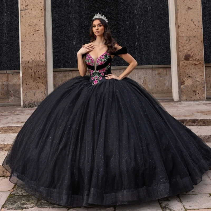 Black Shiny Quinceanera Dresses Ball Gown Off The Shoulder Applique Lace Beads Tull Party Birthday Sweet 16 Dres Vestidos 15