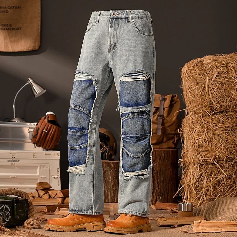 

Broken hole patch jeans for men in 2025 fashion design, street trend, cool and loose straight leg hip-hop style pants