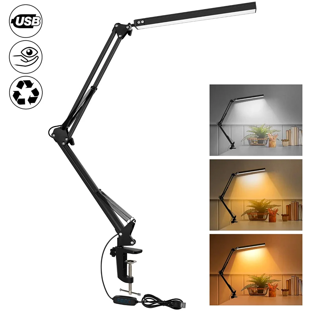 Lámpara de Escritorio LED de 10W con Brazo Articulado y Pinza, Luz de Escritorio Regulable para el Cuidado de los Ojos, 10 Niveles de Brillo, 3 Modos, Carga USB