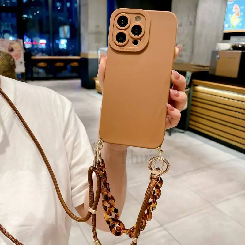 Crossbody Lanyard Case For iPhone 16 15 14 13 Pro Max 12 Mini 11 Pro XS X 7 Plus Liquid Silicone Strap Luxury Marble Chain Cover