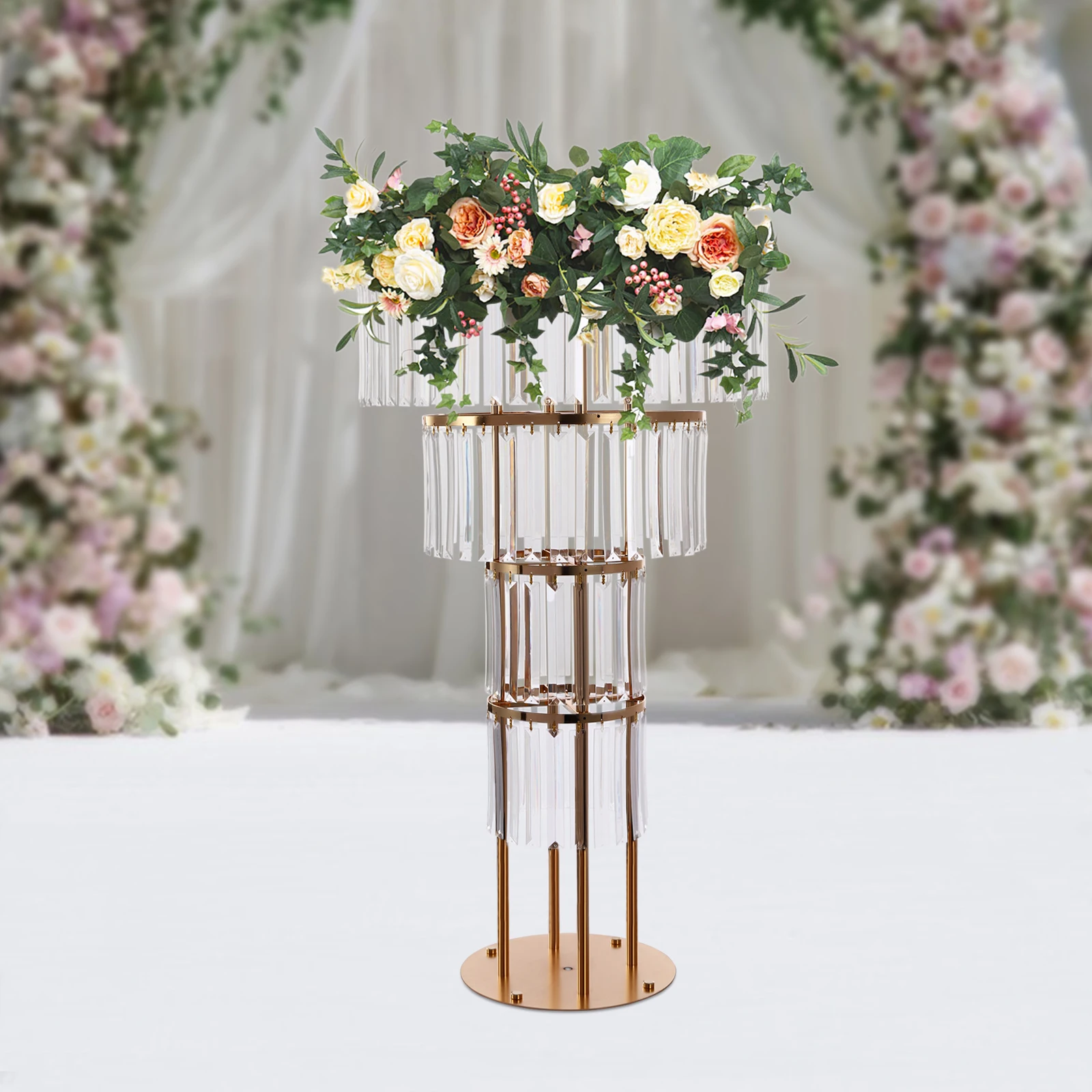 

Crystal Wedding Flower Stand, Gold 4-Layer Floral Rack, Round Base, Party Venue Decor, Event Display Holder, Elegant Ornament