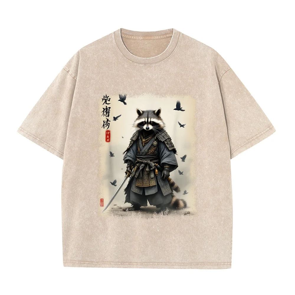 Samurai Raccoon Japanese Warrior & Art Vintage Anime T-Shirt Men Clothes Mens Ropa Y2k Hombre Full Size Short Humor Shirt