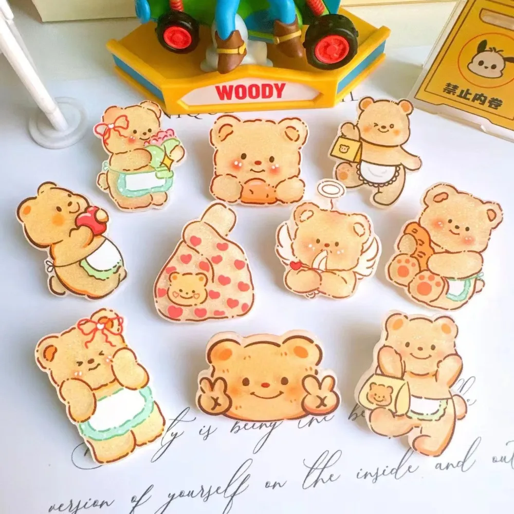 10pcs Sweet Cartoon Character Butter Bear Paster DIY Acrylic Making Hairclip Shiny Phone Decor Brooch