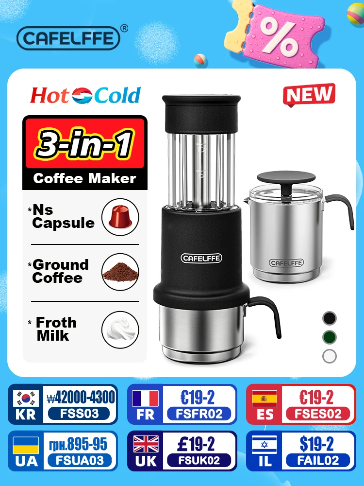 

Cafelffe Portable Coffee Machine Hot/Cold Manual milk frother For Capsule & Ground Hand Press Brewer hiking Travel 3 In1 Gift