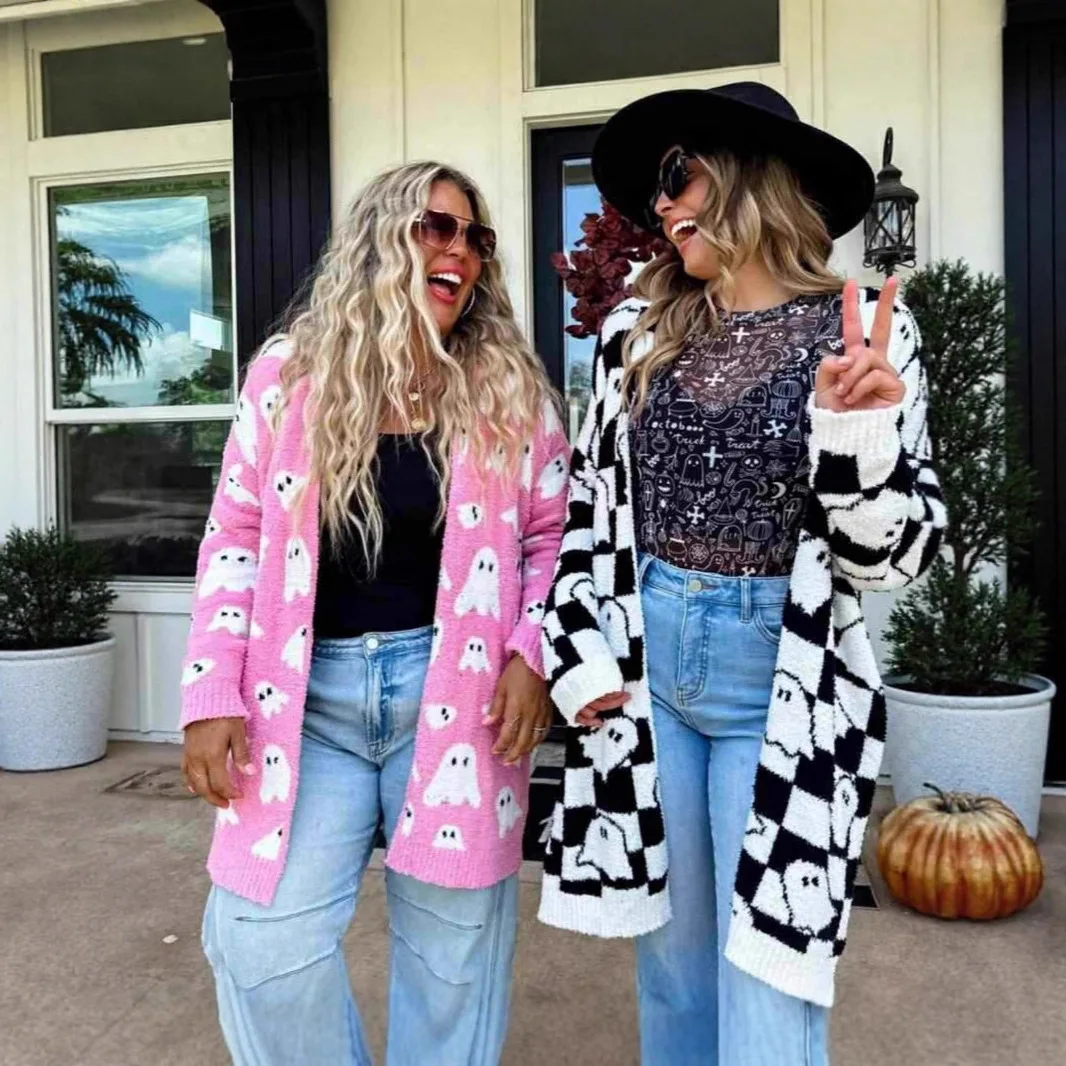 

Women Cardigan Sweaters Knitted Mid Length Jumper Jacquard Round Neck Long Sleeve Open Stitch Loose Halloween Casual 2025 Autumn