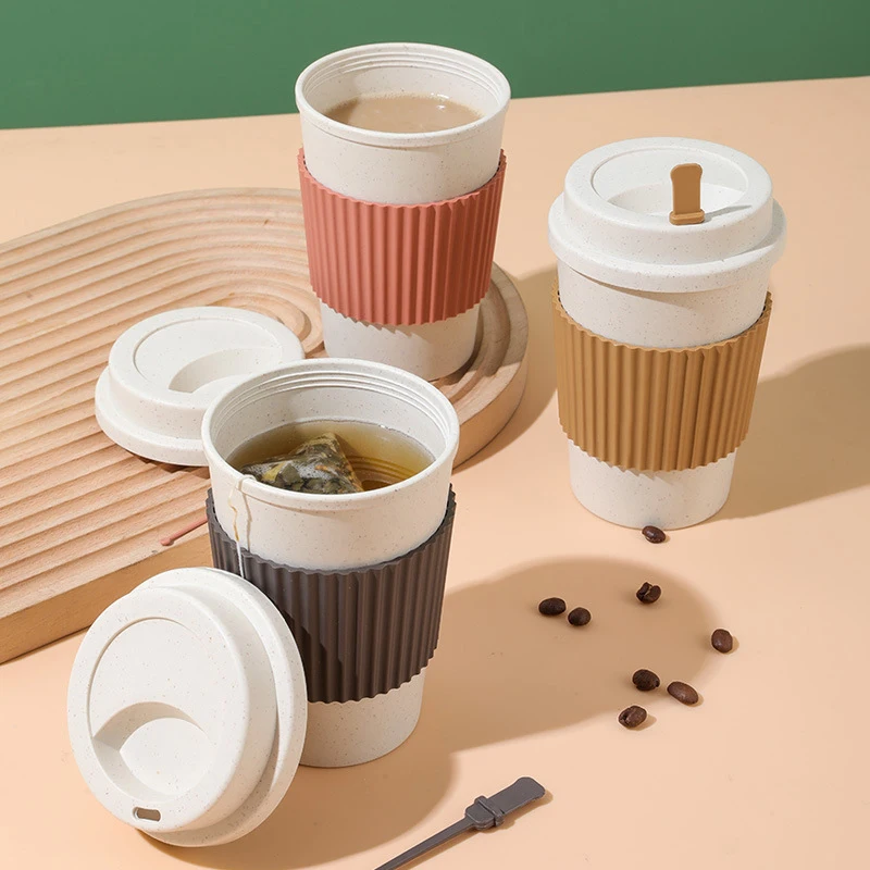 Reusable Coffee Cups With Lids Wheat Straw Portable Coffee Cup Dishwasher Safe Eco Friendly Coffee Mug Coffee Tea Espresso Cups