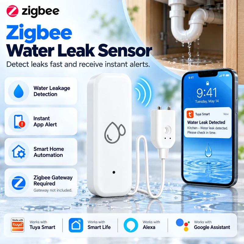 Zigbee Smart Water Leak Detector Flood Sensor Alarm For Basement Bathroom Kitchen Wireless App Alert Home Flood Protection