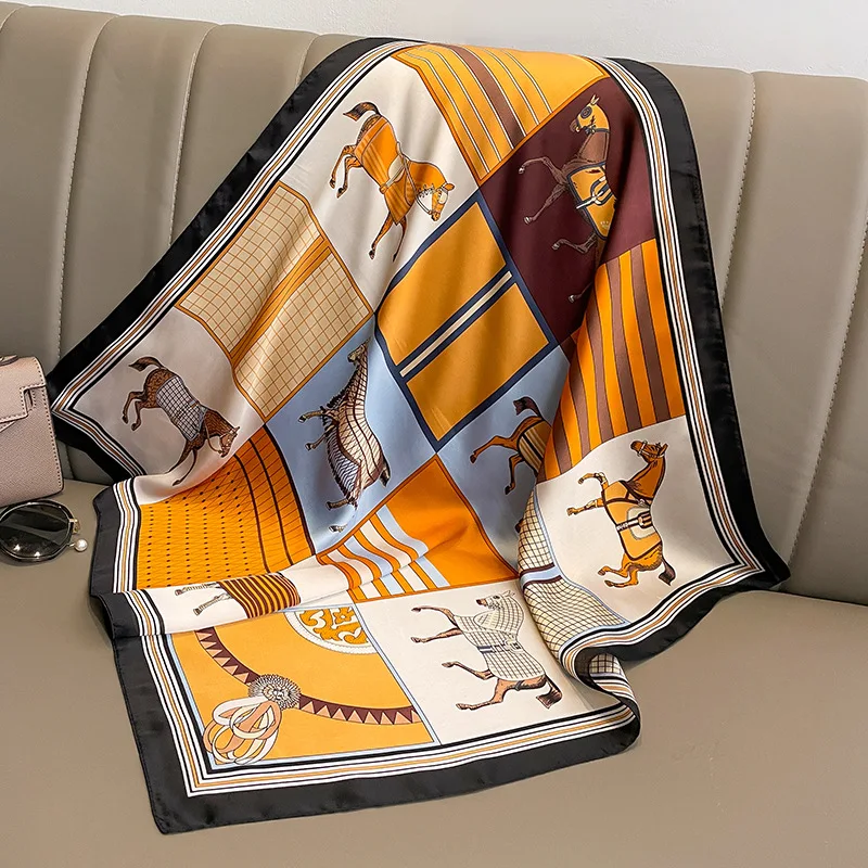 

2023 Luxury Square Silk Scarf Shawl for Women Fashion Satin Wraps Hijab Neckerchief Female Hair Bands Ribbon Headband Bandana