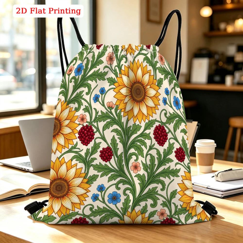 Sunflower And Berry Floral Pattern Drawstring Backpack, Travel Shoe Bag, Fitness Sports Backpack, Travel Outdoor Drawstring