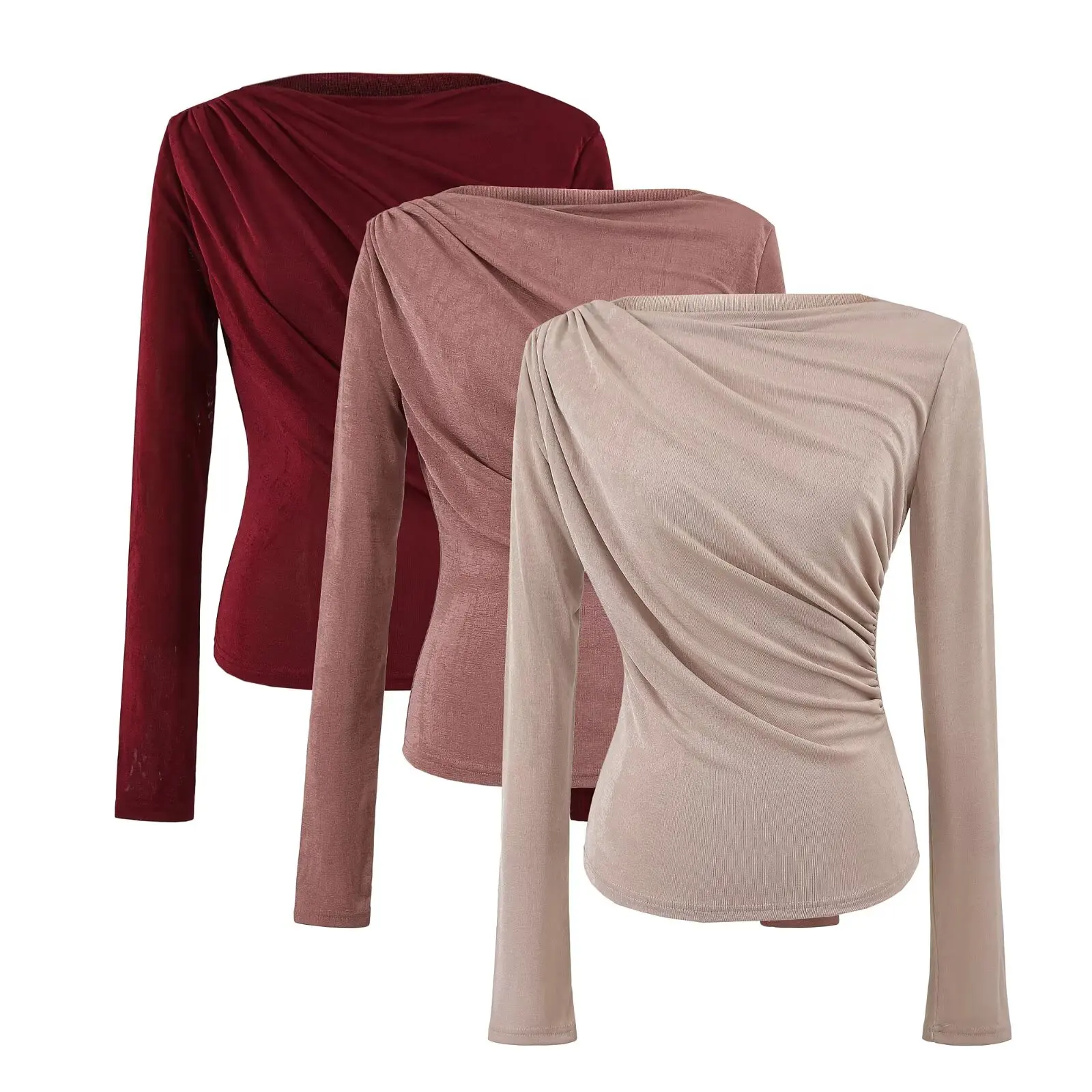 تي شيرت نسائي طويل Sve مستدير من Faionable H2084 مع طيات صدر متعددة الاستخدامات من البوليستر بلون نقي