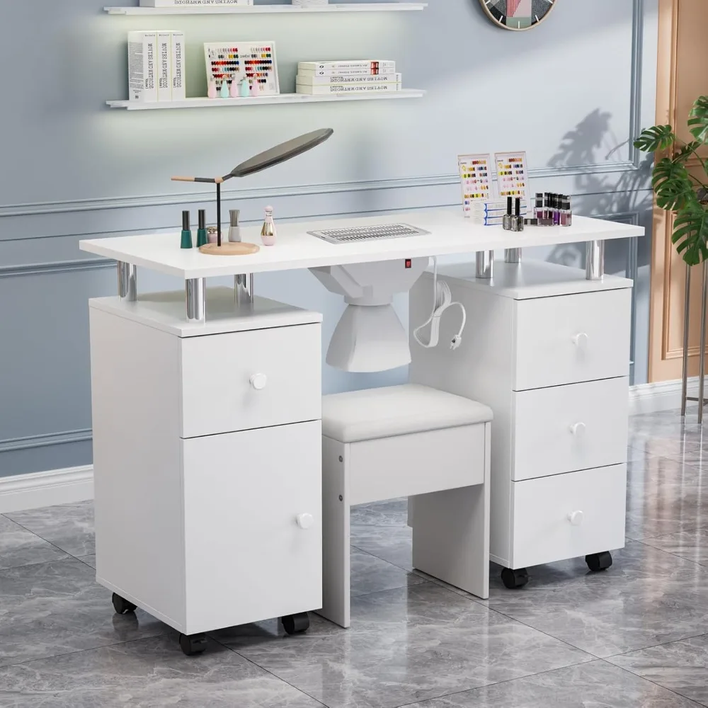 

Nail Desk and Chair Set, with Stool, Dust Collector, Arm Rest & Wheels, Acetone Resistant Desktop, Manicure Table Nail