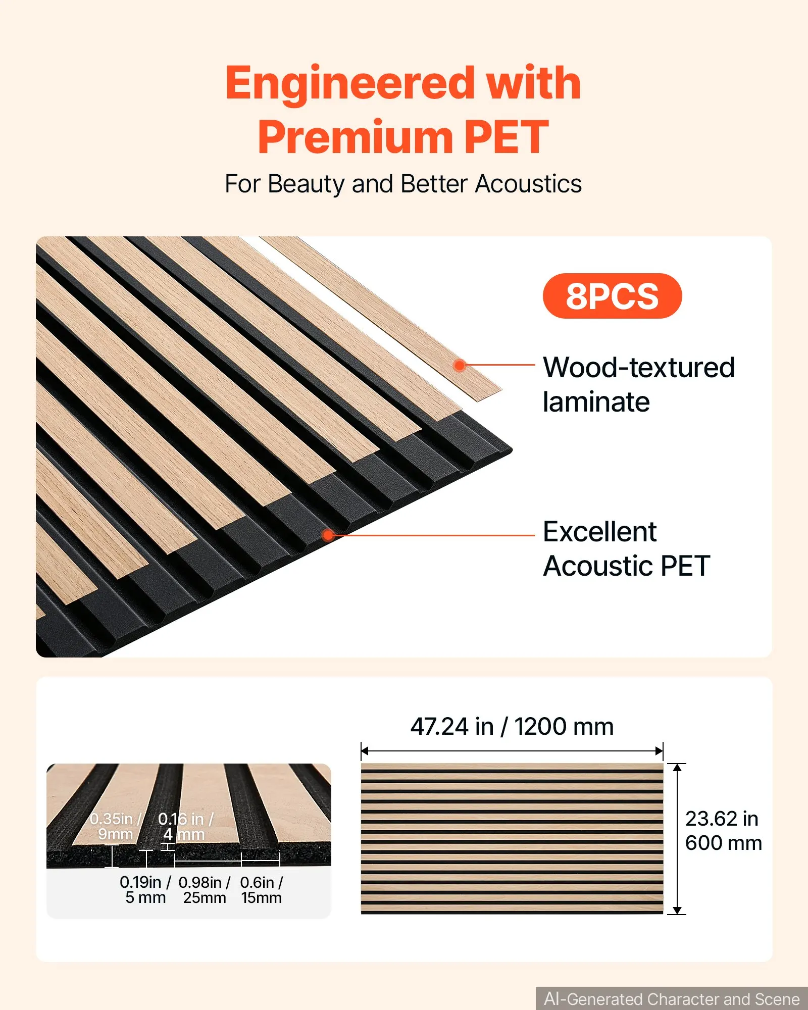 Wood Wall Panels, 47.2 x 23.6 inches, 8-Pack, Acoustic Slat Panels Oak Finish, Sound Absorbing for Living Rooms, Bedrooms, Offices, and Studios, Interior Wall Decor, PET Construction, Screw Kit