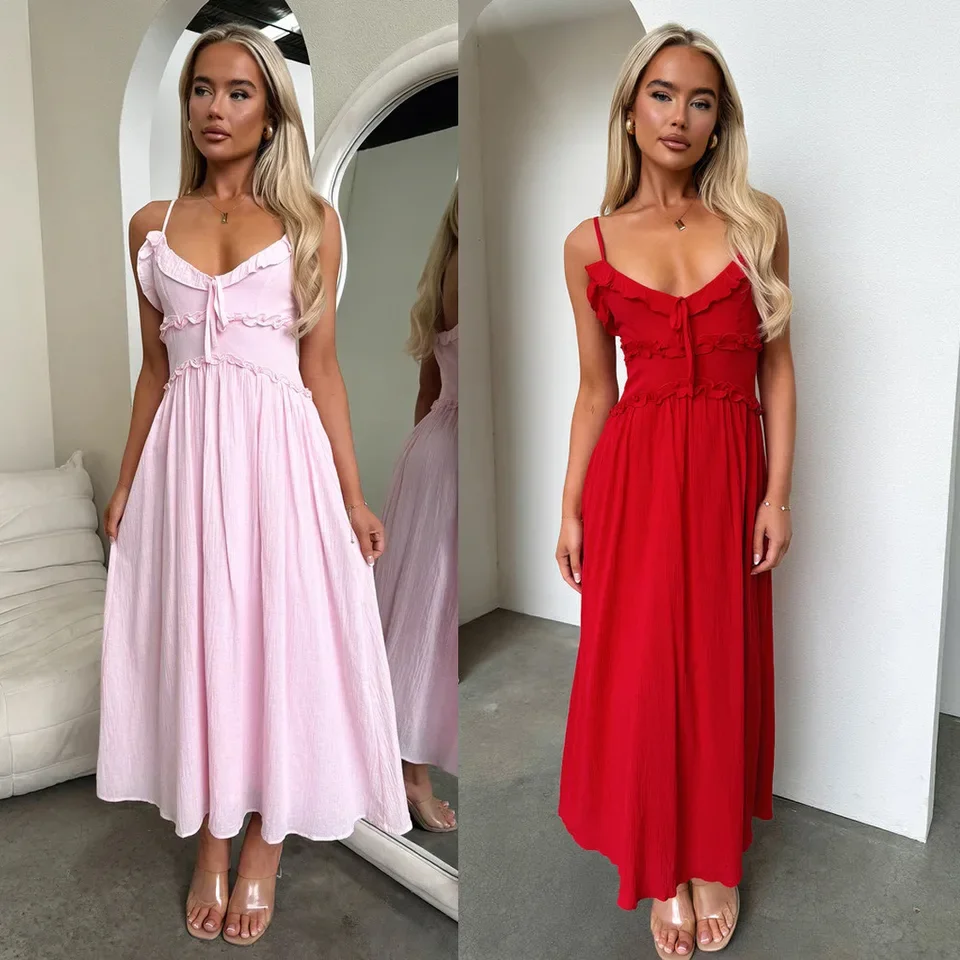 

Women's Elegant Backless Ruffled Parquet Party Dress, Women's Summer Sleeveless Holiday Long Skirt, 2025 New Women's Sexy Dress