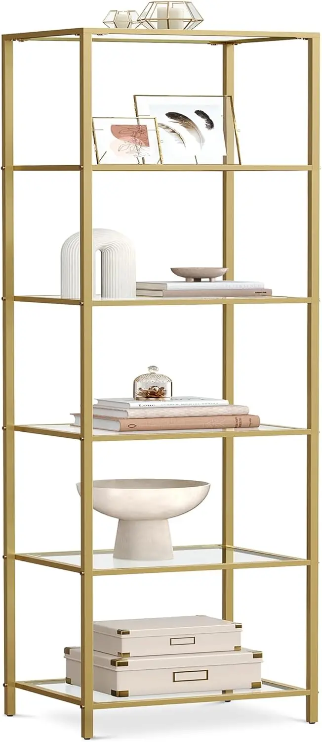 

6-Tier Slim Bookshelf with Tempered Glass and Gold Frame for Home Office, Bedroom, Living Room