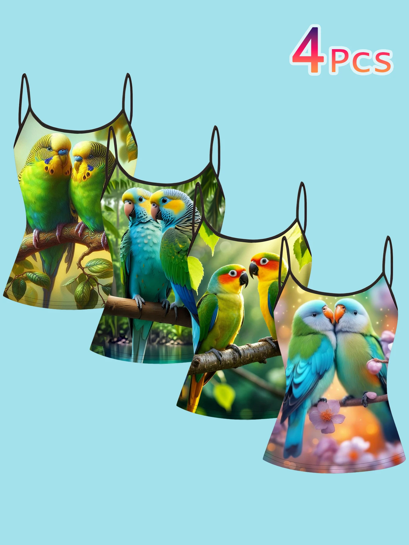 4-Piece Set of Couple's Parrot Print Camisoles, Lovebirds Colorful Tropical Bird Spaghetti Strap Sleeveless Tops, Natural Style Slim Fit Inner and Outer Wear Vest Set