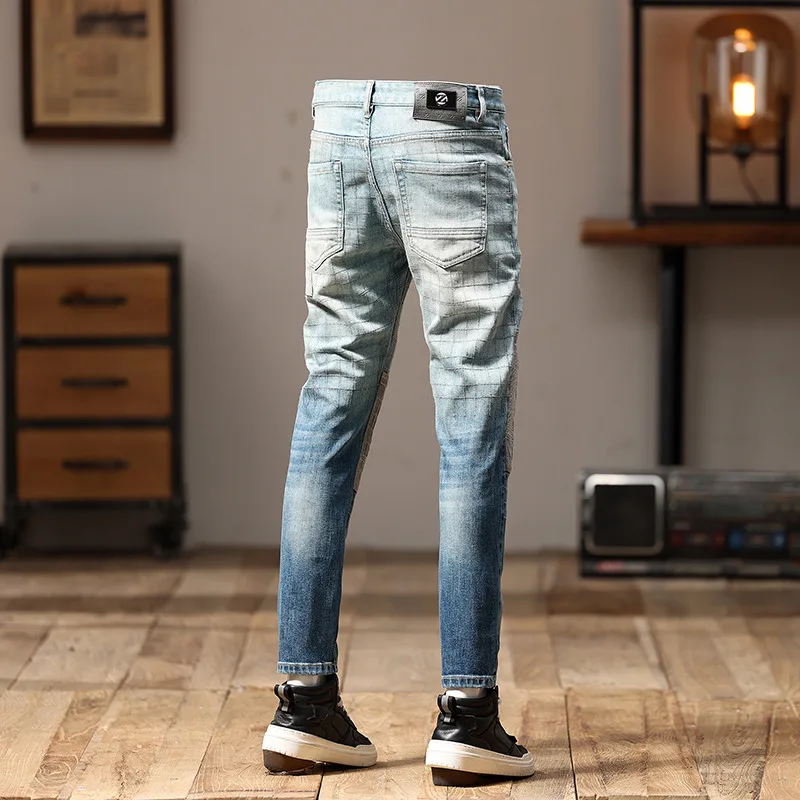 Motorcycle Jeans Men's High-End Stitching Design Fashionable All-Match Patch Gradient Color Retro Fashion Haulage Motor Trousers