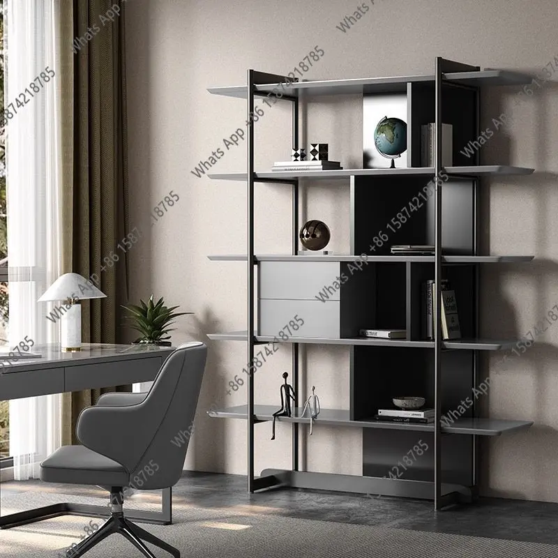 AItalian Stainless Steel Bookshelf Shelf Floor-to-ceiling Living Room Simple Study Bookcase Household Wall Office Storage Rack