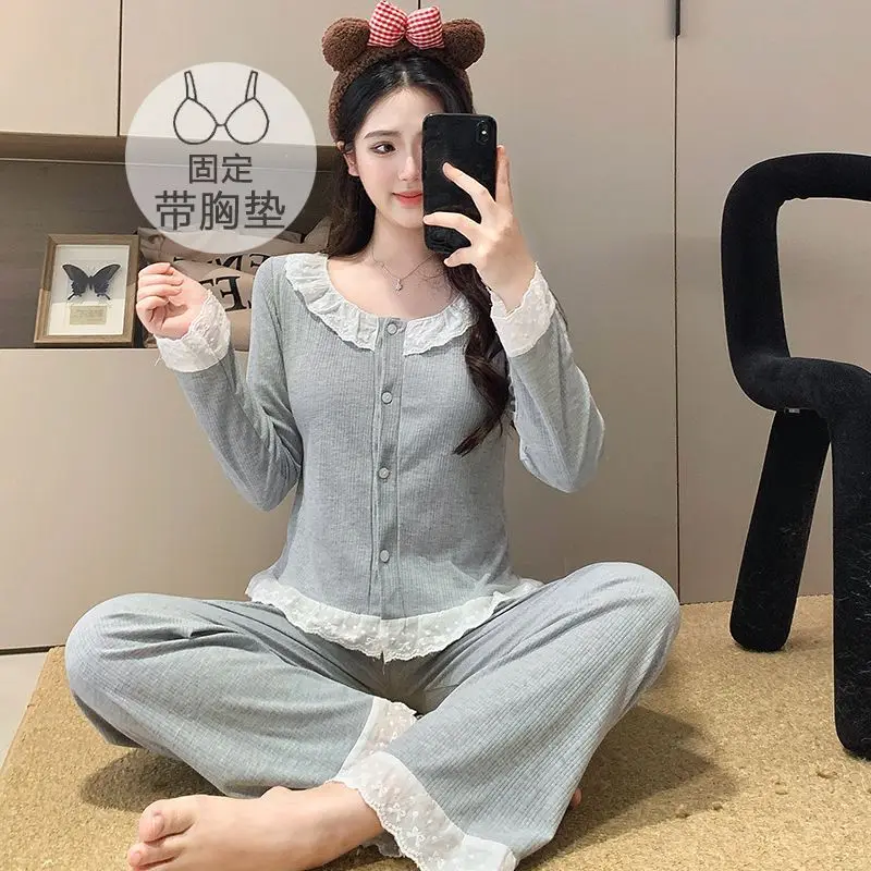 Spring Autumn Lady Lace-trimmed Padded Pajamas Teen Student Set Loose Long-sleeve Loungewear Women Casual Homewear Young Girls