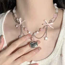 Kawaii Sanrio Hello Kitty Bow Beaded Necklace Cute Girl Heart Y2k Star Tassel Necklace Women Clavicle Chain Elegant Jewelry Gift