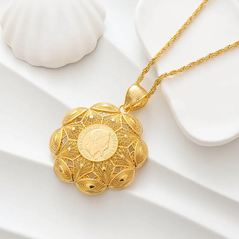 

Марокканское женское золотое ожерелье с круглым кулоном-монетой, комбинированной подвеской и витой цепочкой, роскошное свадебное украшение для платья