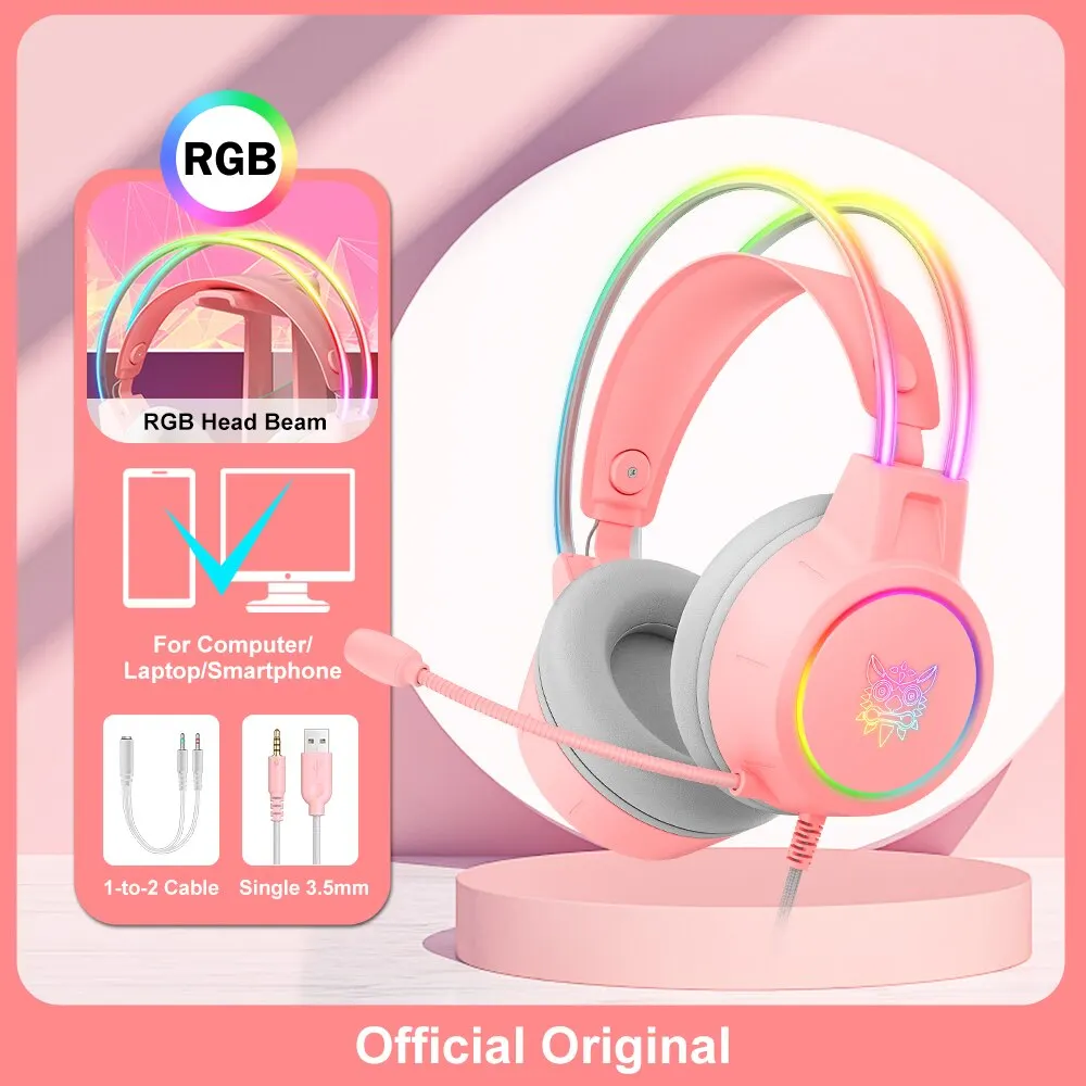 Onikuma X15 Pro Over-Ear Hoofdtelefoon Gaming Headset Bedrade Cancelling Oortjes Roze Kat Oren Rgb Licht Met Microfoon Voor Pc Ps4