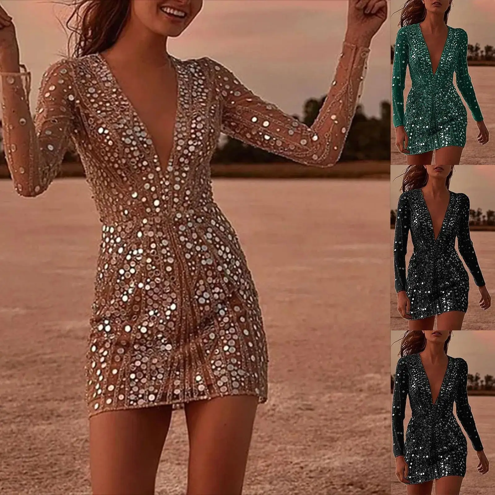 2025 Sexy Deep V-Neck Sheer Sequined Bodycon Dress with Long Sleeves Cross-Border Women's Spring New Arrival Evening Gown