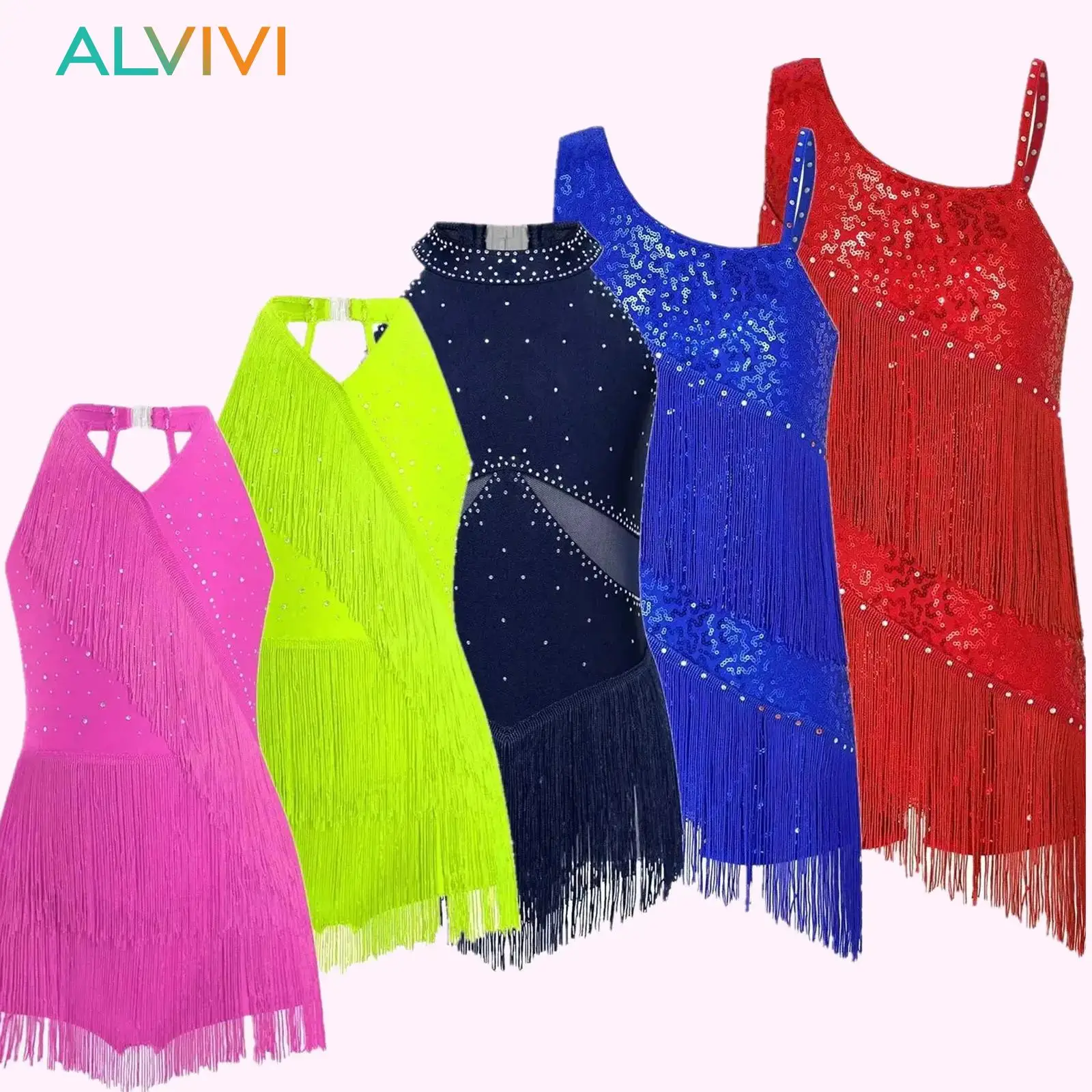 

Kids Girls Gymnastics Latin Dance Costume Glittery Rhinestones Fringe Leotard Rumba Samba Salsa Jazz Dance Tassel Jumpsuit