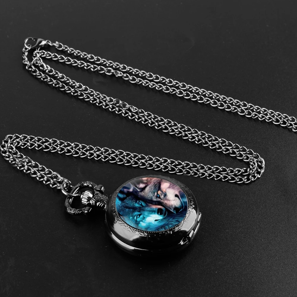 Reloj de bolsillo con diseño de doble lobo para hombre y mujer, pulsera de cuarzo con cúpula de cristal, cadena duradera, esfera de números árabes, regalos creativos