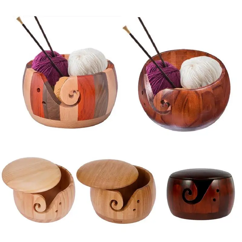 

Wooden Yarn Bowl Knitting Wool Holder Yarn Storage Round Basket With Lid & 2 Holes Handmade Craft Crochet Kit Organizer Gift