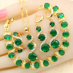 WPAITKYS Green Stones Gold Color Jewelry Sets For Women Party Bracelet Long Earrings Necklace Pendant Rings Free Gift Box