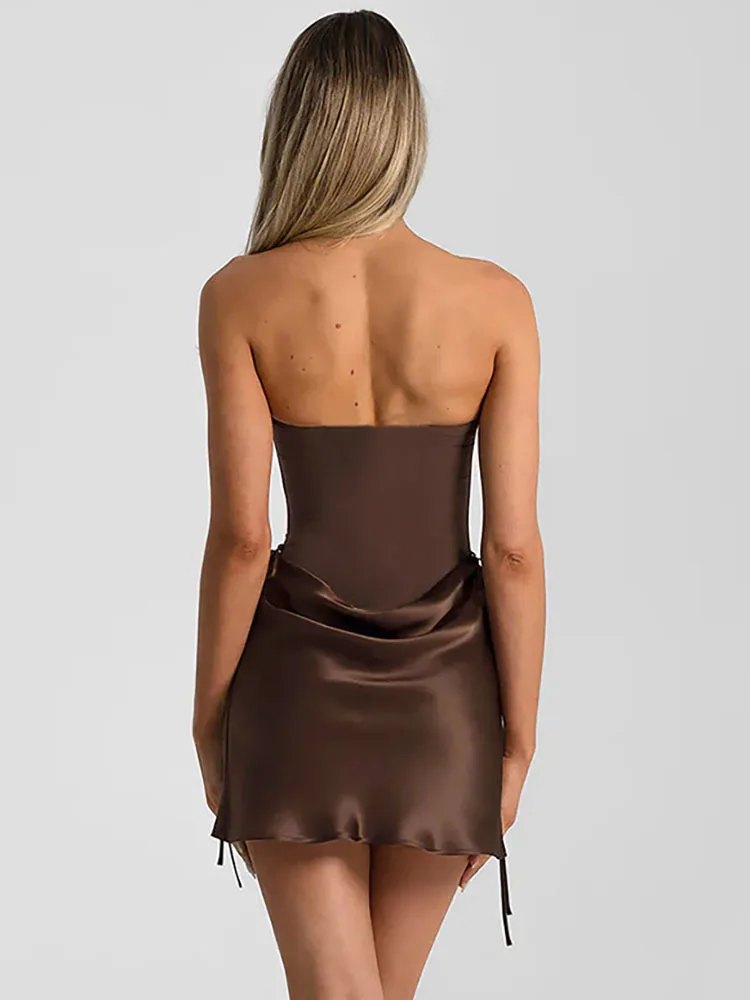 Fantoye Sexy Strapless Satin Patchwork Women Mini Derss Backless Drawstring Ruched Bodycon Dresses Winter Elegant Party Clubwear