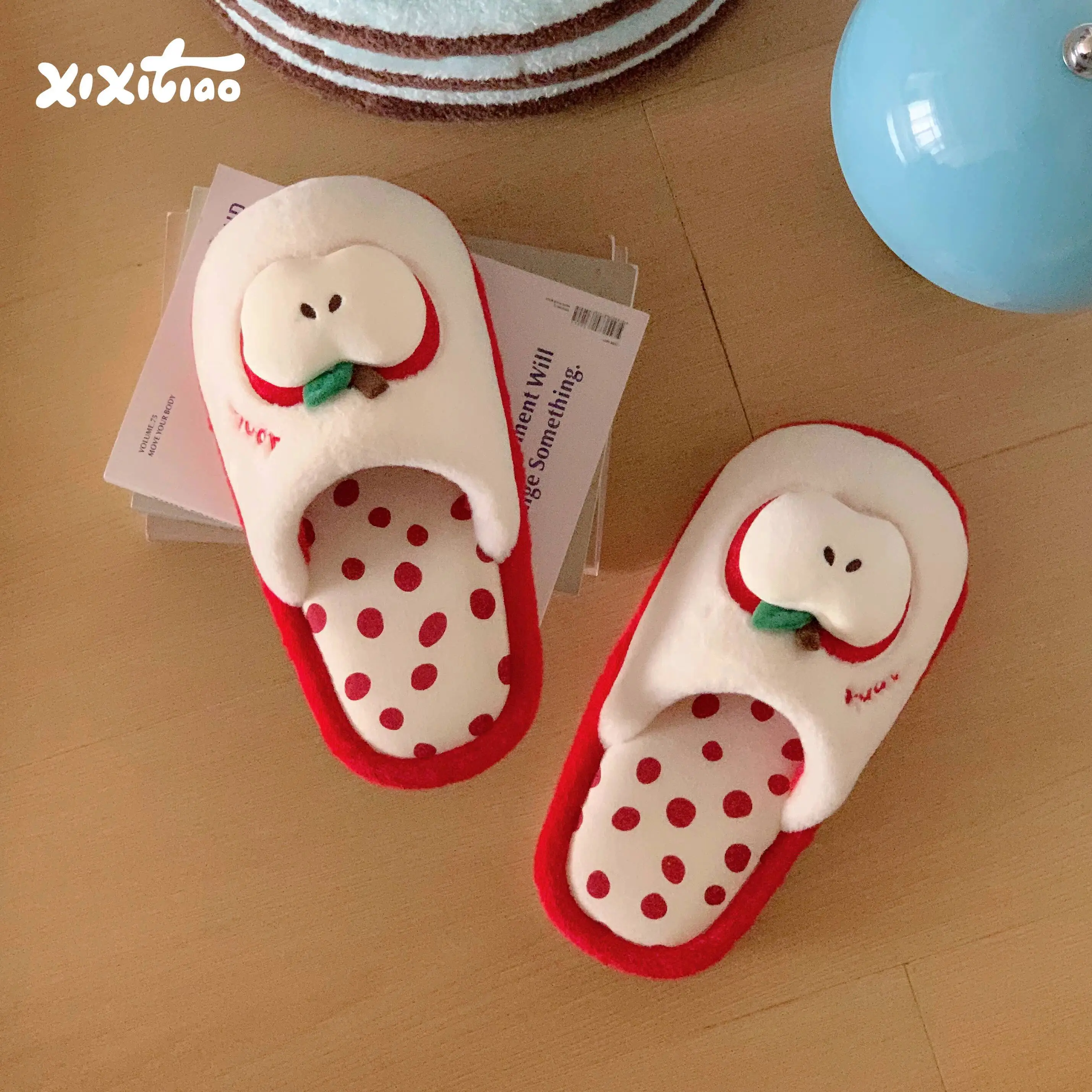 

Winter New Ins Style Women's Slippers Cute Little Apple Cotton Student Indoor Anti Slip Warm Furry Maternity Shoes