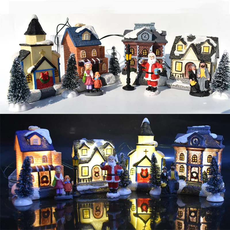 

Christmas Resin Gift Decorations LED Illuminated Cabin 10 Piece Set DIY Decorations Village House Festive Atmosphere