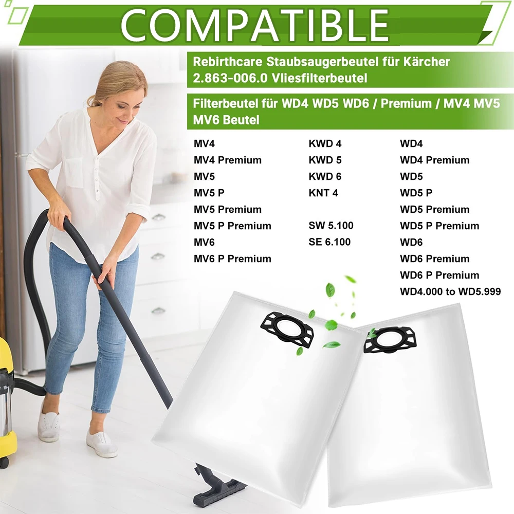 Vacuum Cleaner Bags for Karcher WD4 WD5 WD6 WD5P WD6P Premium MV4 MV5 MV6, Filter Bags for Wet and Dry Vacuum Cleaner