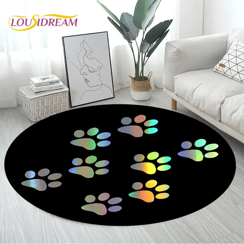 3D HD Pets Footprint Sole Series Round Area Rug,Carpet for Living Room Children's Bedroom Sofa Playroom Decor,Non-slip Floor Mat