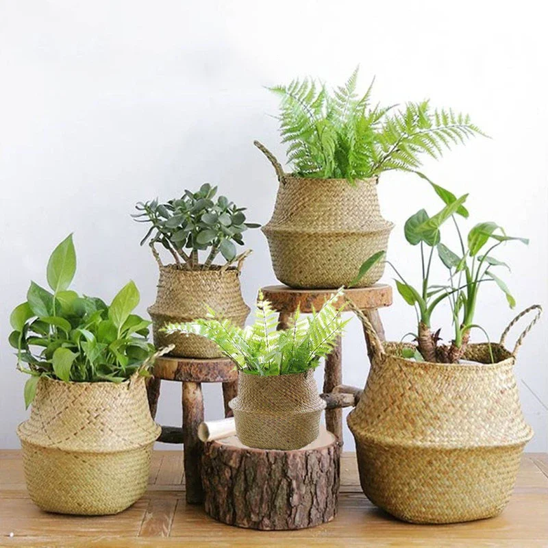 Seaweed Wicker Basket Toy Organizer Folding Rattan Hanging Seagrass Storage Laundry Woven Basket Plant Flowerpot For Home Garden