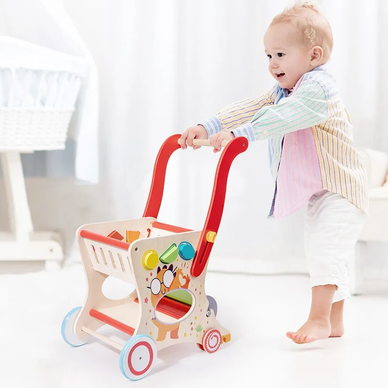 LazyChild Multifunctional Wooden Shopping Cart Push Toy For Kids Toddler Walking Pretend Supermarket Trolley