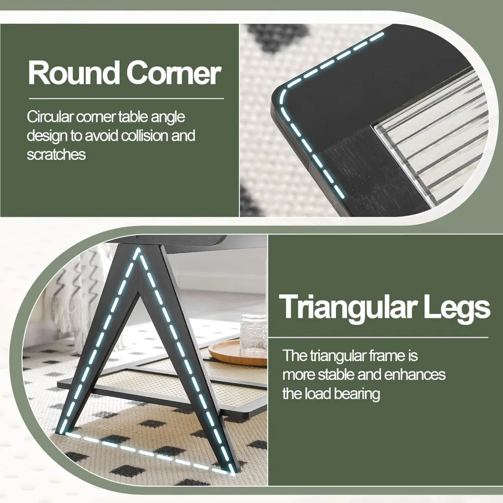 Modern Rectangle Coffee Table with Bamboo Frame, Imitation Rattan Shelf, Ribbed Glass Top, Boho Style