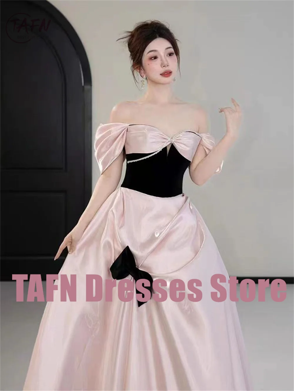 TAFN Korea Princess Pink Wedding Dressses Off the Shoulder Bow A-line Bridal Ball Gown Elegant Lovely Wedding Reception Dresses