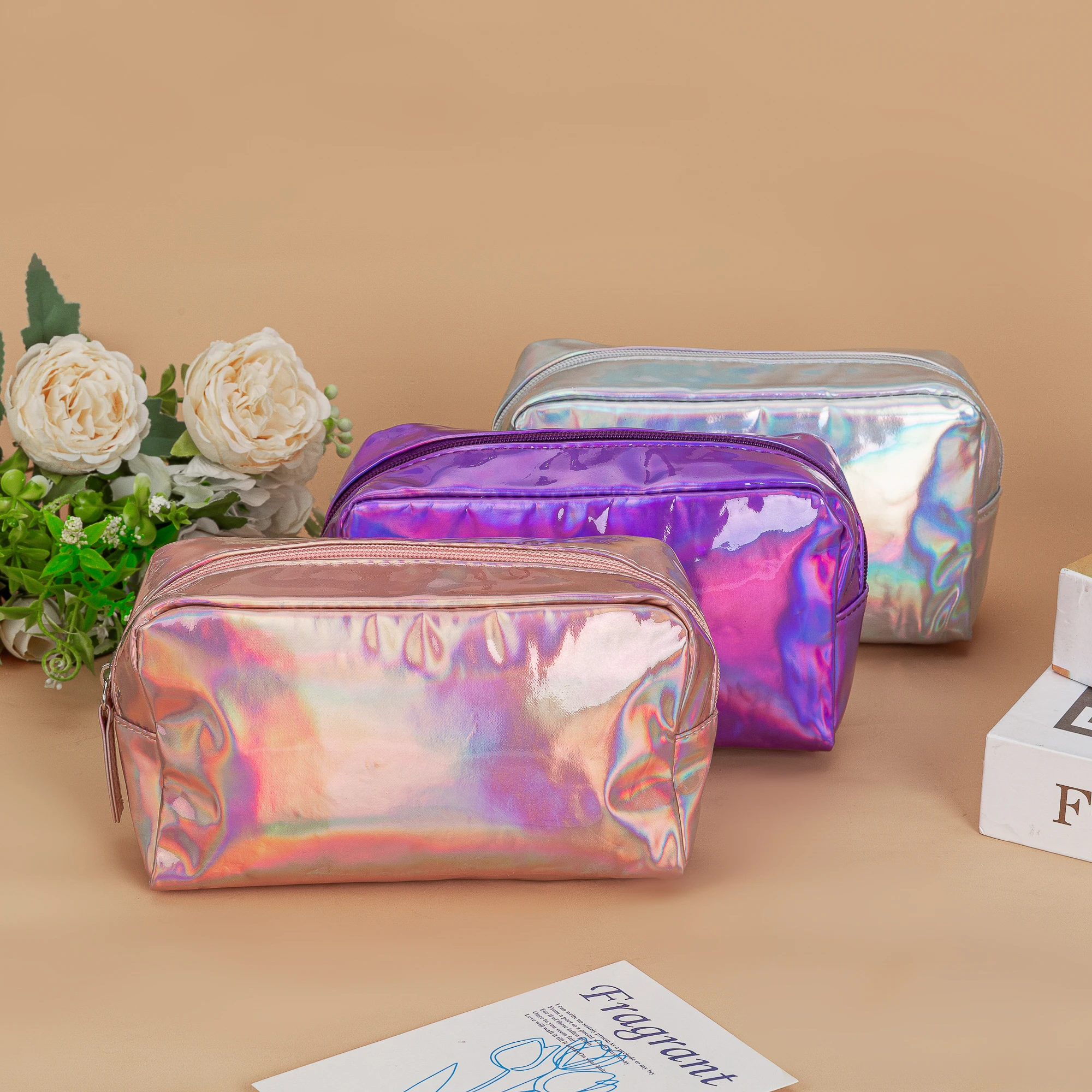 Letter Holographic PU Cosmetic Bag Portable Square Laser Makeup Case Organizer Wash Storage Pouch