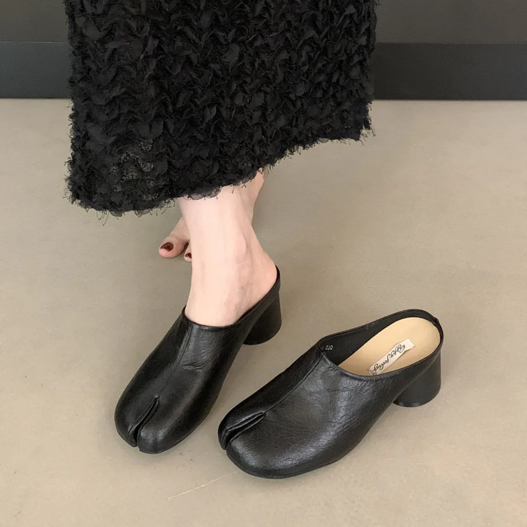 Bailamos Spring Women Split Toe Shoes Fashion Hight Heel Laofers Shallow Soft Leather Pumps Casual Outdoor Slippers Dress Mules view 2